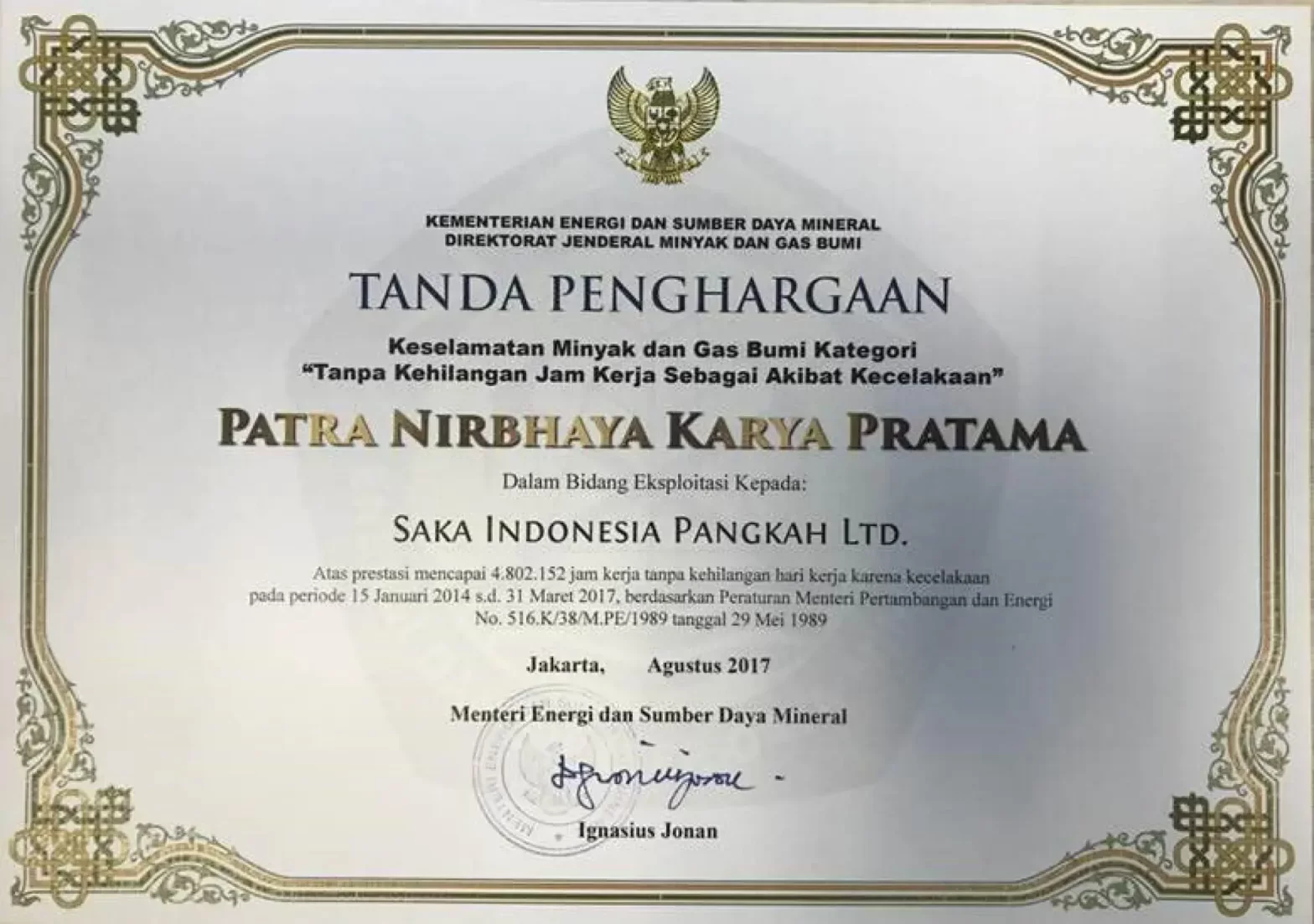 Second Patra Nirbhaya Karya Pratama Award for SAKA